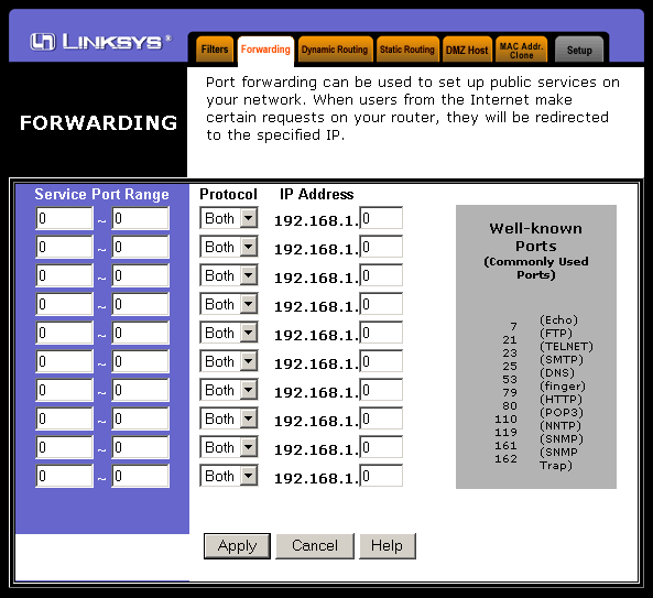 This guide will show you how to forward ports on the Linksys Cable/DSL